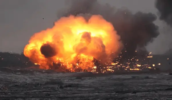 A fireball rises from an explosion during joint exercises between Russia and Belarus at a firing range in the Brest Region Belarus on Thursday 1 1